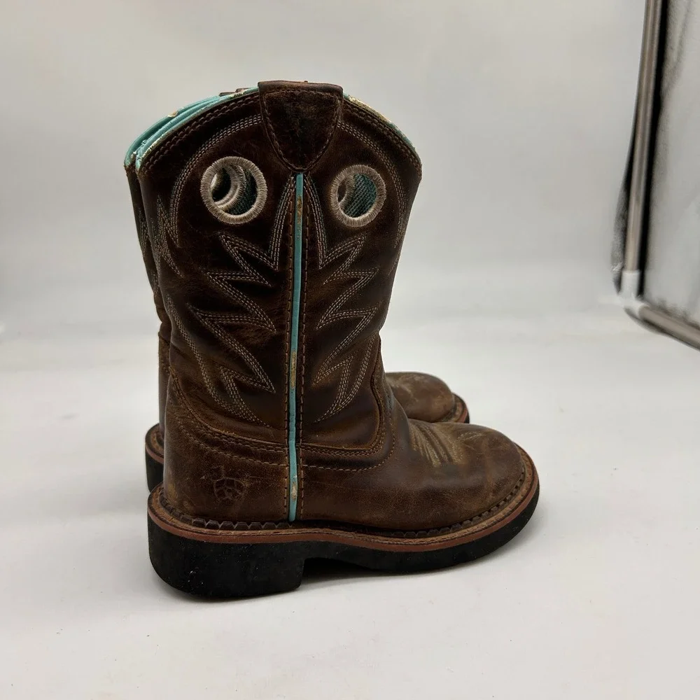 Ariat Kids Fatbaby Western Boots Brown Turquoise Leather Cowboy Size 9